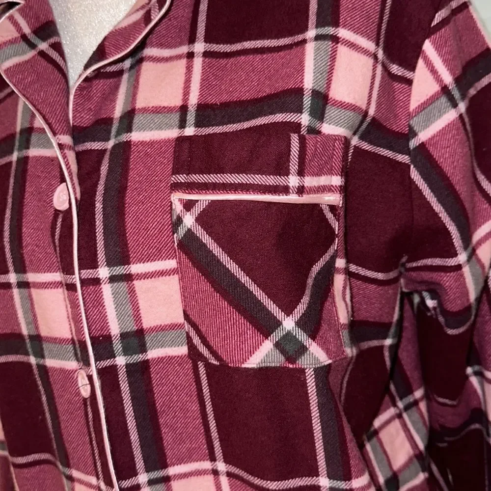 Erxeelo 12-14 Burgundy Pink Plaid Flannel 💯Cotton Pajama Sleep Long Sl Shirt